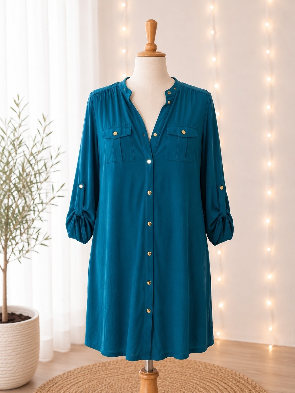 NWT Michael Kors Shirt Dress Small Dark Peacock Gold Button Roll Tab Midi